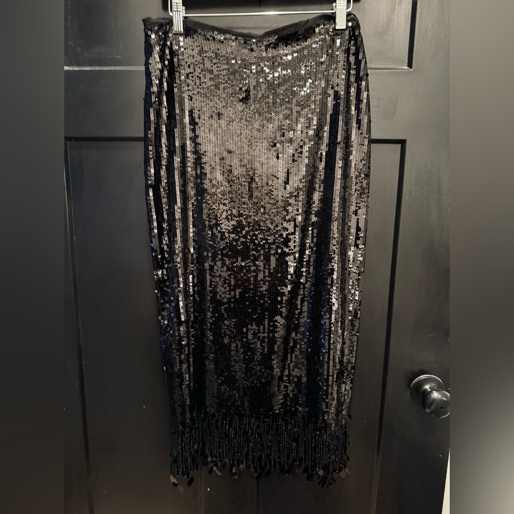 Zara Black Sequin Asymmetrical Fringe Skirt
